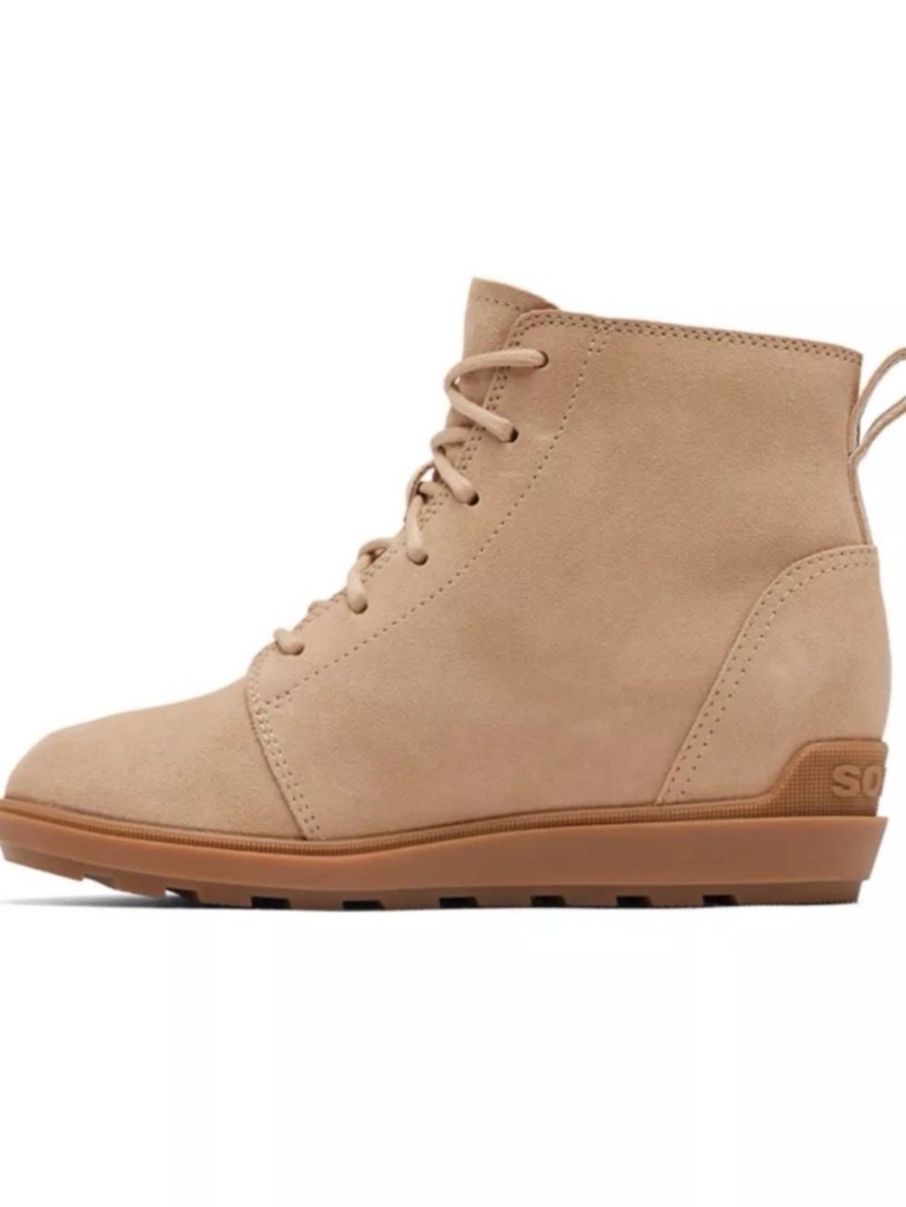 NWT Sorel Beige Suede Lace-Up Wedge Ankle Boots